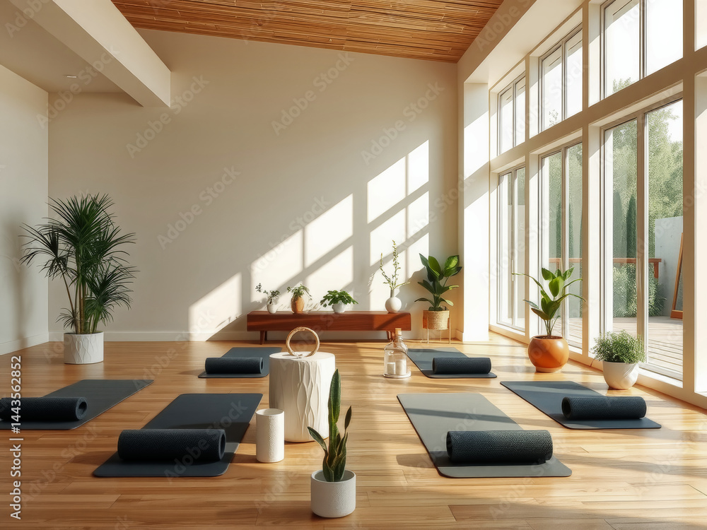 A yoga studio with a lot of plants and a lot of mats. The mats are black and the studio is very bright and airy