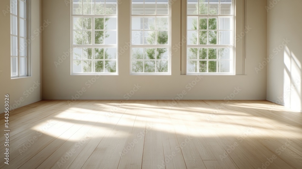 Obraz premium Empty room with large windows, sunlight on light-colored wooden floor