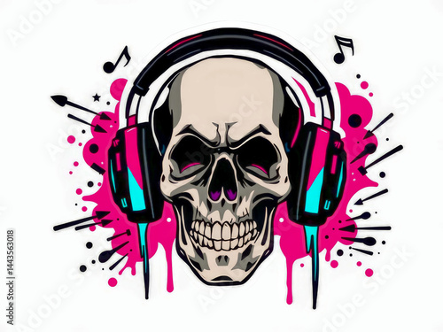 Skull with headphones on it. The skull is wearing headphones and has a pink and blue background. The skull is smiling and he is enjoying the music