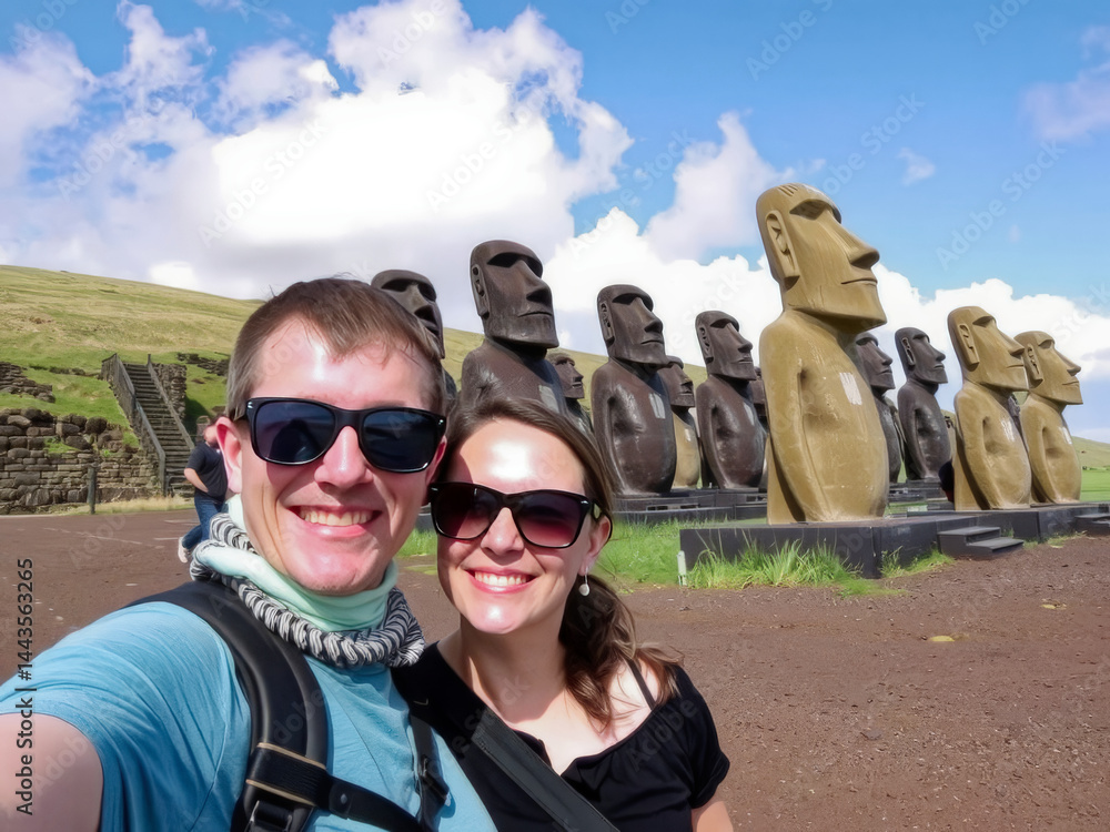 A couple posing in front of a row of statues. The man is wearing a blue shirt and sunglasses
