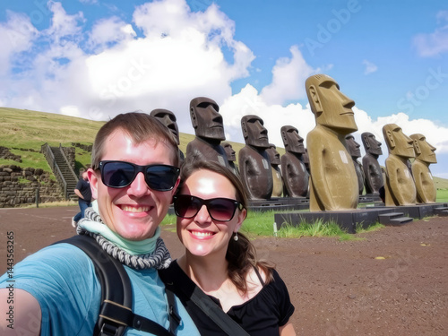 Obraz na płótnie A couple posing in front of a row of statues. The man is wearing a blue shirt and sunglasses w salonie