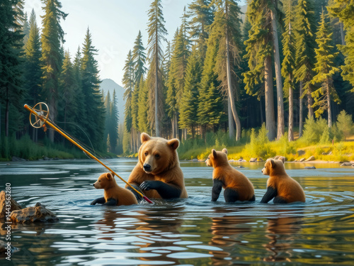 Obraz na płótnie A family of bears are swimming in a river. The mother bear is holding a fishing pole and the cubs are playing in the water. The scene is peaceful and serene w salonie