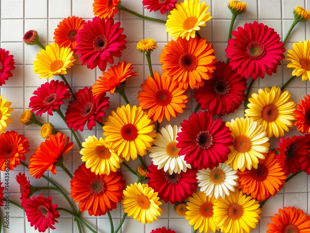 A colorful bouquet of flowers with a variety of colors including red, yellow, and orange. The flowers are arranged in a way that creates a sense of harmony and balance. Scene is cheerful and uplifting