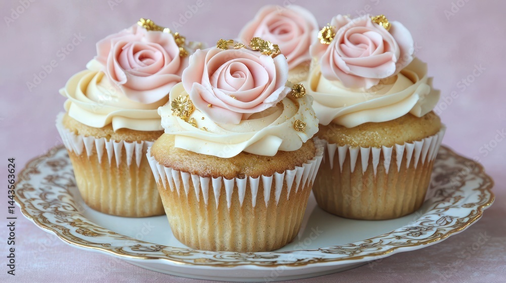 Cupcakes with shimmering edible gold flakes and delicate pastel pink fondant roses, styled on an ornate porcelain plate against a mauve canvas. Cupcakes with shimmering edible gold flakes and delicate pastel pink fondant roses, styled on an ornate porcelain plate against a mauve canvas.