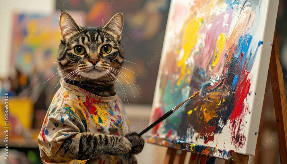 Fototapeta premium Tabby cat dressed in colorful smock painting on a canvas in creative indoor art studio
