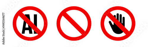Free Download Prohibited AI signs set, red crossed out symbols with hand, stop and restriction icons. Warning technology use ban, digital protest elements. Flat vector illustration - GFXLoad