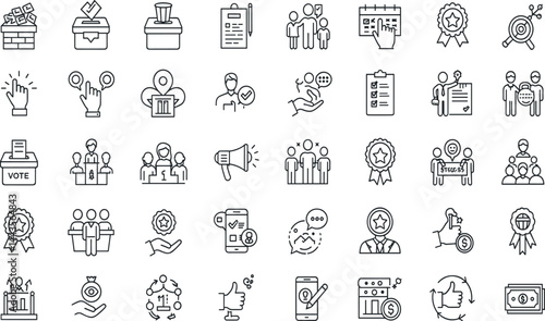 Voting, election line icon set. Vector pictograms of democratic processes, civic participation, ballot boxes, candidates, debates, voter engagement, checkmark