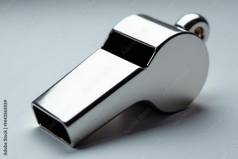 Shiny silver whistle, metallic detail close-up, white background, close-up Shiny silver whistle, metallic detail close-up, white background, close-up