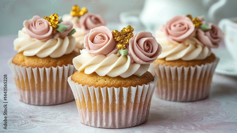 Elegant cupcakes topped with edible gold flakes and pastel fondant roses, styled on fine white china with a light mauve background. Elegant cupcakes topped with edible gold flakes and pastel fondant roses, styled on fine white china with a light mauve background.