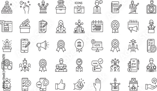 Voting, election line icon set. Vector pictograms of democratic processes, civic participation, ballot boxes, candidates, debates, voter engagement, checkmark