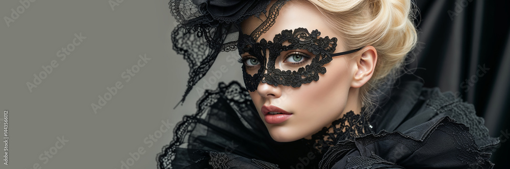 Face of a beautiful glamorous woman, black lace, blonde