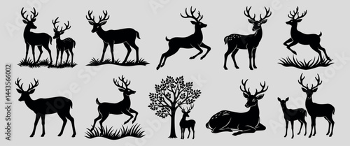 Deer vector silhouette Illustration bundle of 10 deer