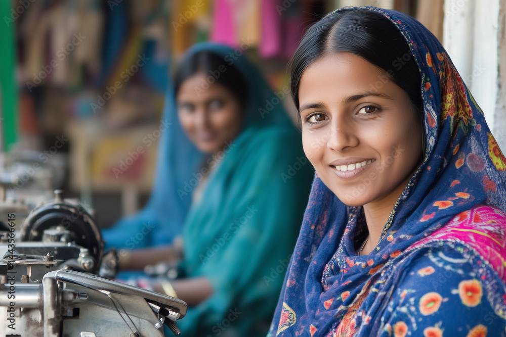 Two women are sitting in front of a sewing machine. One of them is smiling. The other woman is wearing a blue scarf Two women are sitting in front of a sewing machine. One of them is smiling. The other woman is wearing a blue scarf