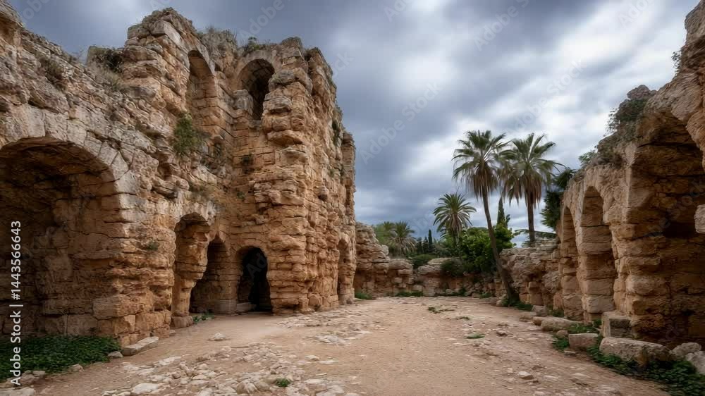 Ruins of an ancient structure with arched openings, weathered stone walls, sandy ground, palms, and overcast skies, creating a sense of history and timelessness. Ruins of an ancient structure with arched openings, weathered stone walls, sandy ground, palms, and overcast skies, creating a sense of history and timelessness.