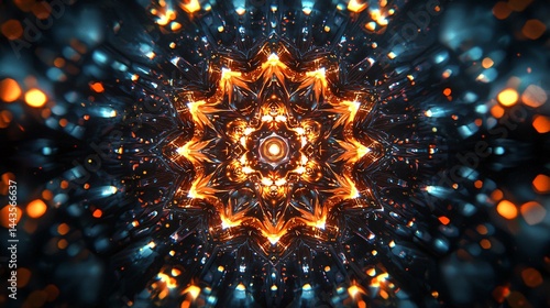 Stunning star burst radiating from the center of the picture with kaleidoscope vision and glowing reflections in abstract art