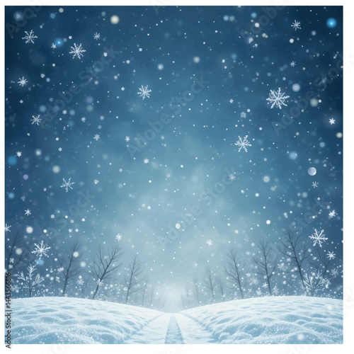 Magical winter scene with softly falling snowflakes over a snowy hill, flanked by bare trees and illuminated by a dreamy blue night sky filled with sparkling flakes.