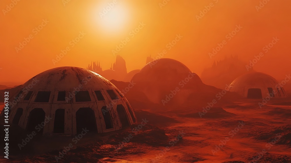 Obraz premium Advanced Mars settlement with domes and cutting edge technology in red desert picture