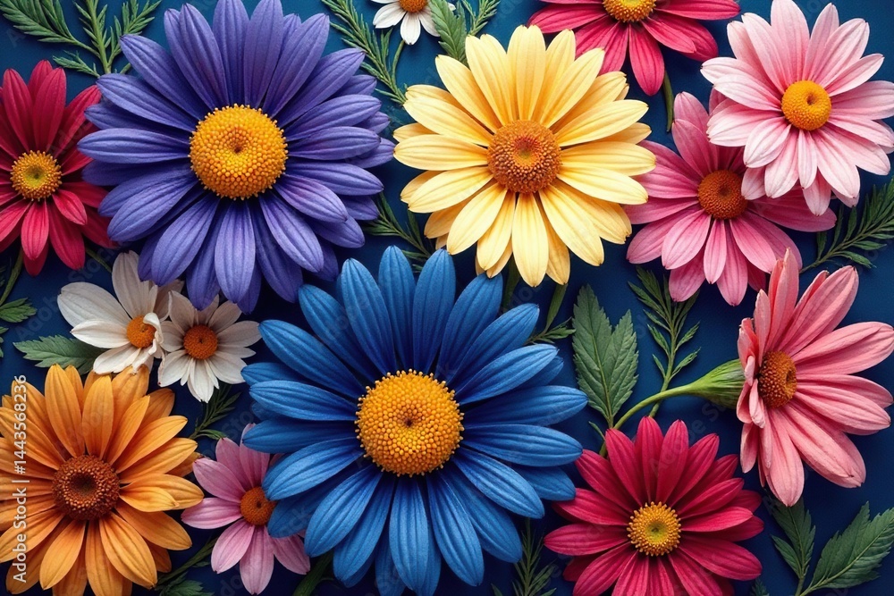 Fototapeta premium Bold, stylized daisy chain print on vibrant silk, bright floral, design