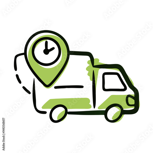 Last mile delivery service concept with clock and location icon on delivery truck for efficient logistics