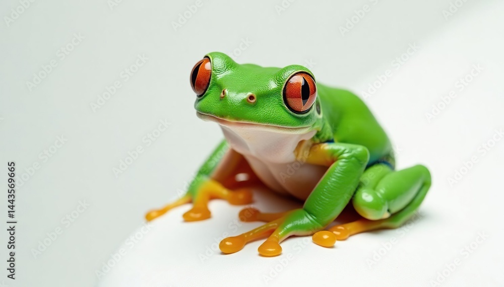 Obraz premium Green tree frog, perched on white, vibrant skin, green frog, white, wildlife