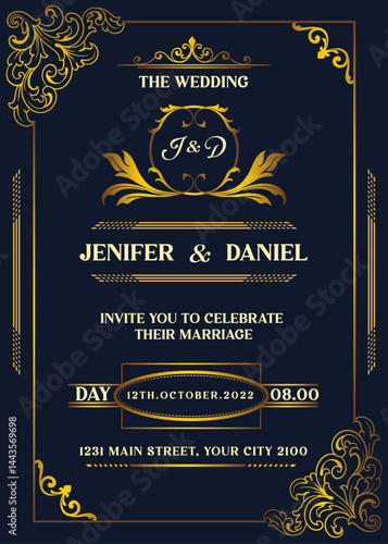 Elegant wedding invitation with gold accents on a dark blue background.