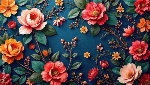 Intricate floral textile with repeating motifs , retro, embroidery, leaves