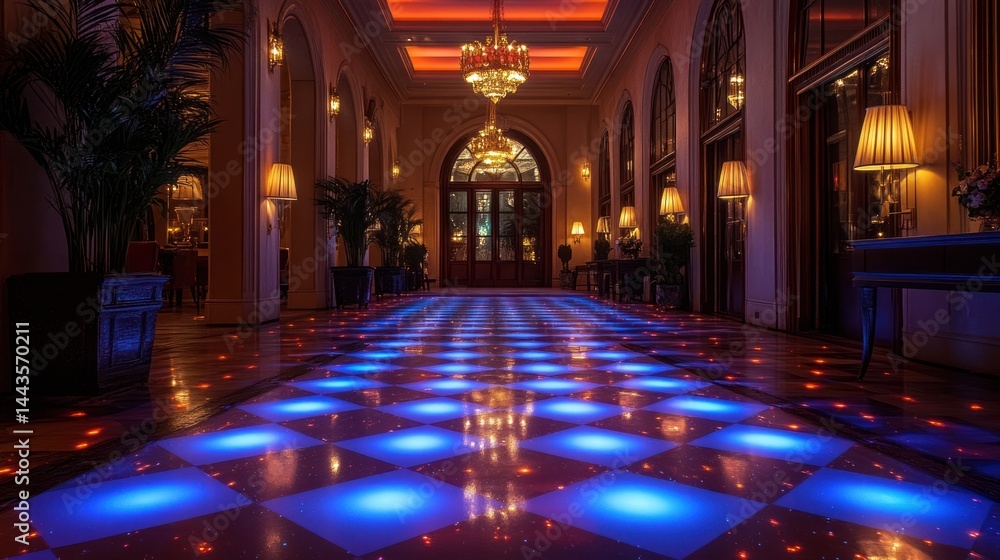 Obraz premium Illuminated Elegance: A mesmerizing dance floor in a grand hotel lobby, bathed in vibrant blue and red lights.
