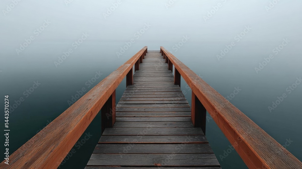Fototapeta premium Long wooden pier extending into the water. the pier is made of dark wood and has a wooden railing on both sides. the water is calm and still, reflecting the sky above.