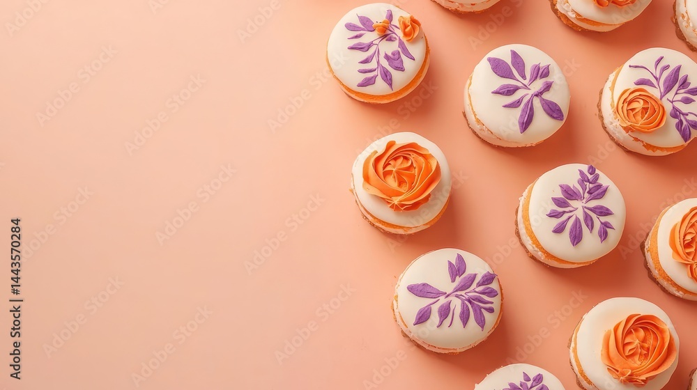 Flatlay of mini cakes adorned with orange and purple floral designs, scattered gracefully on a bold peach background with clean negative space.