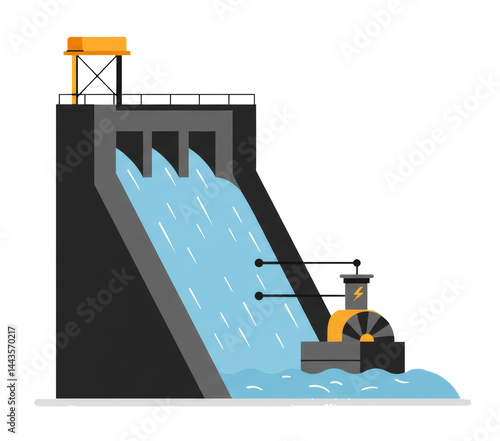 Stylized flat graphic art of minimalist hydroelectric dam generating power photo