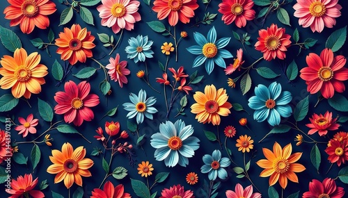 Intricate repeating floral design, vibrant hues, whimsical, botanical, bud
