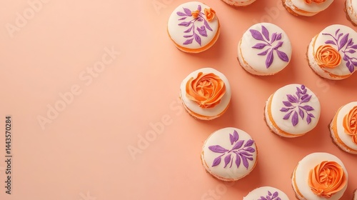 Obraz na płótnie Flatlay of mini cakes adorned with orange and purple floral designs, scattered gracefully on a bold peach background with clean negative space. w salonie