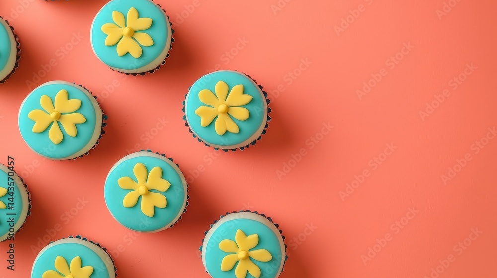 Flatlay of mini cakes decorated with teal and yellow floral motifs, symmetrically arranged on a bright coral background with spacious negative space.