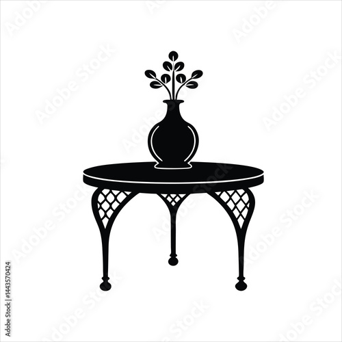 Vase with Decorative Design on Table Silhouette Vector