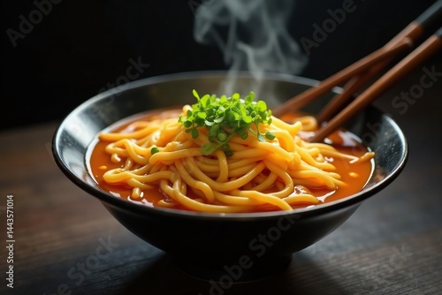 Steaming bowl of ramen noodles, chopsticks, garnish, appetizing, clean, food photography