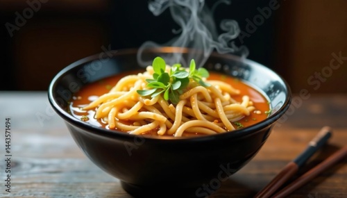 Steaming bowl of ramen noodles, chopsticks, garnish, fresh, tasty, meal