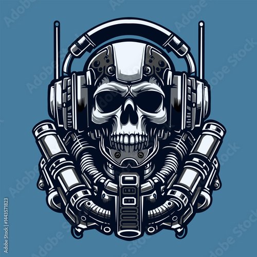Cyberpunk Skull with Headphones and Mechanical Components