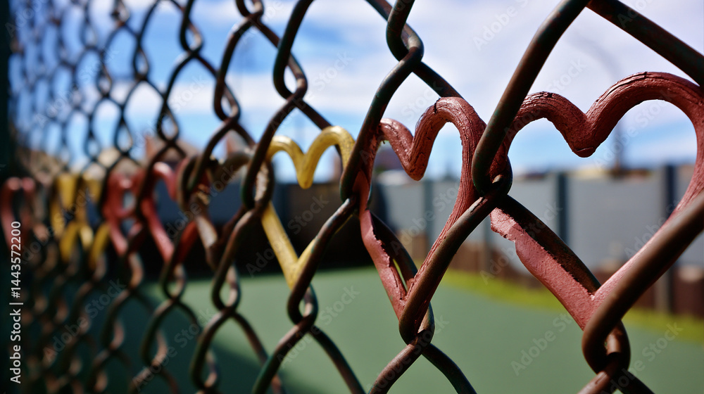 Love in environment. Metal mesh fence with heart-shaped inserts Love in environment. Metal mesh fence with heart-shaped inserts