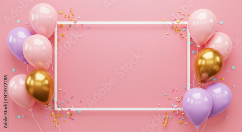 Festive balloon photo frame template in pink and gold