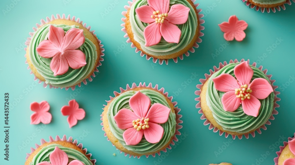 Flatlay of vibrant cupcakes with pink flower designs on a turquoise background.