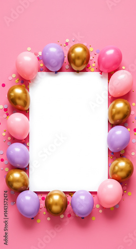 Festive balloon photo frame template in pink and gold
