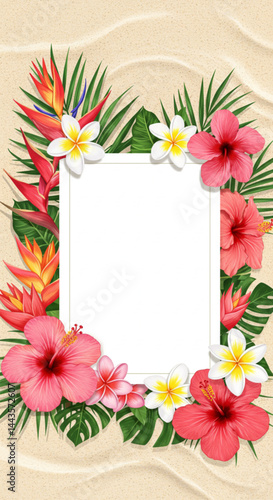 Tropical Floral Photo Frame Template with Hibiscus and Plumeria