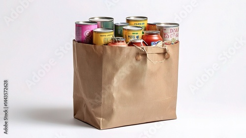 Shopping bag filled with colorful canned goods and fresh produce