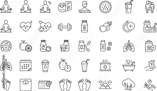 Wellness, Self-Care line icon set. Vector pictograms of mental clarity, fitness, nutrition, relaxation, meditation, mental health, stress relief, body-mind connection
