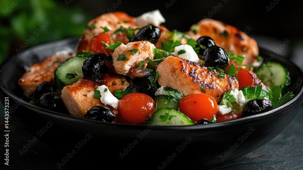 Grilled chicken salad with olives, cucumbers, tomatoes, and feta Grilled chicken salad with olives, cucumbers, tomatoes, and feta