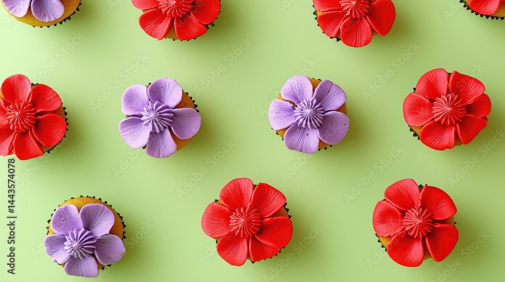 Flatlay of vibrant flower-inspired cupcakes in red and lavender hues, placed with ample spacing on a sunny lime green canvas.