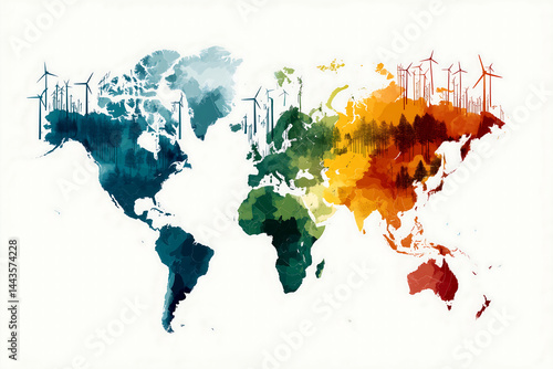 Global map highlighting countries powered by renewable energy, infographic styl
