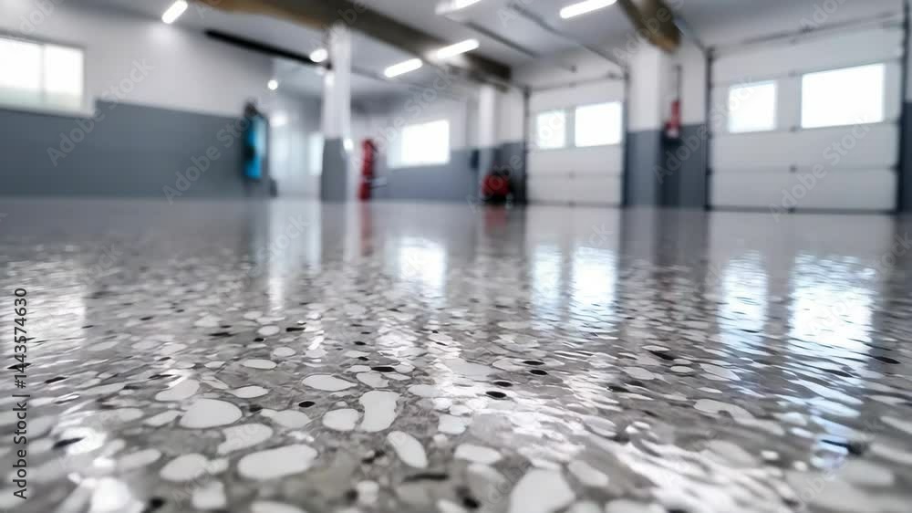 Epoxy resin flooring inside a warehouse or garage with a polished and seamless speckled surface and white industrial doors in the background