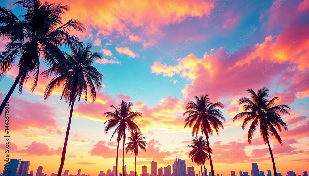 Obraz premium Sunset over a tropical city skyline framed by palm trees and vibrant clouds