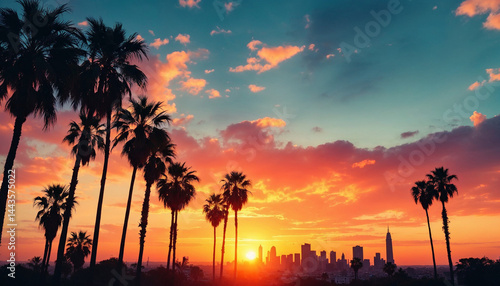 Sunset over Los Angeles skyline with palm trees framing the vibrant colors of the sky